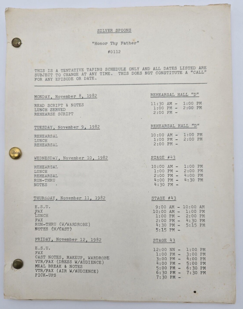 SILVER SPOONS / 1982 TV Series Script, Ricky Schroder "Honor Thy Father"