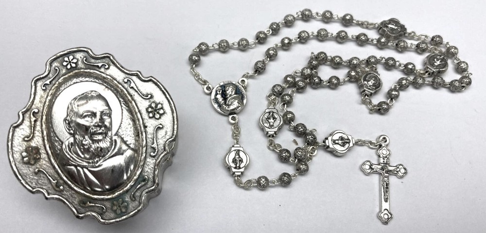 Padre Pio Rosary Beads & Rosary Box, Silver-Plated, Catholic Gift Made in Italy