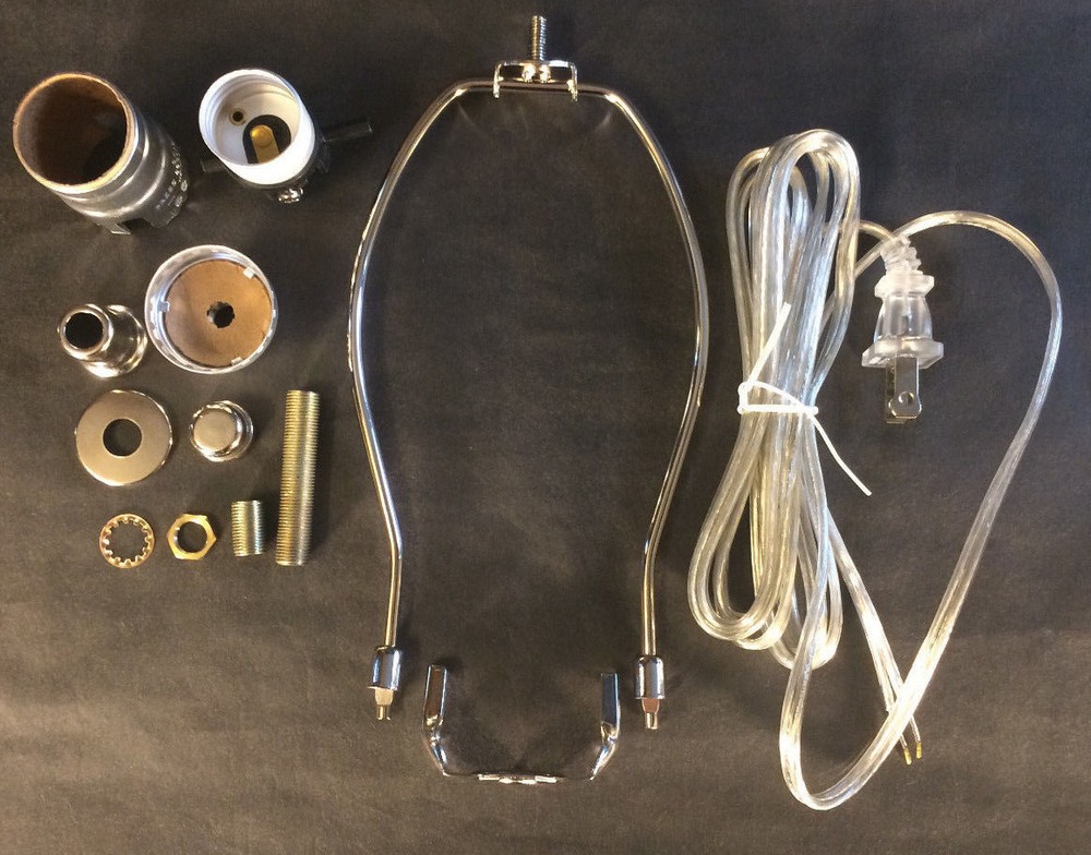 Table Lamp Wiring Kit 6" Nickel Plated Harp, Push-Thru Socket,Clear Silver Cord