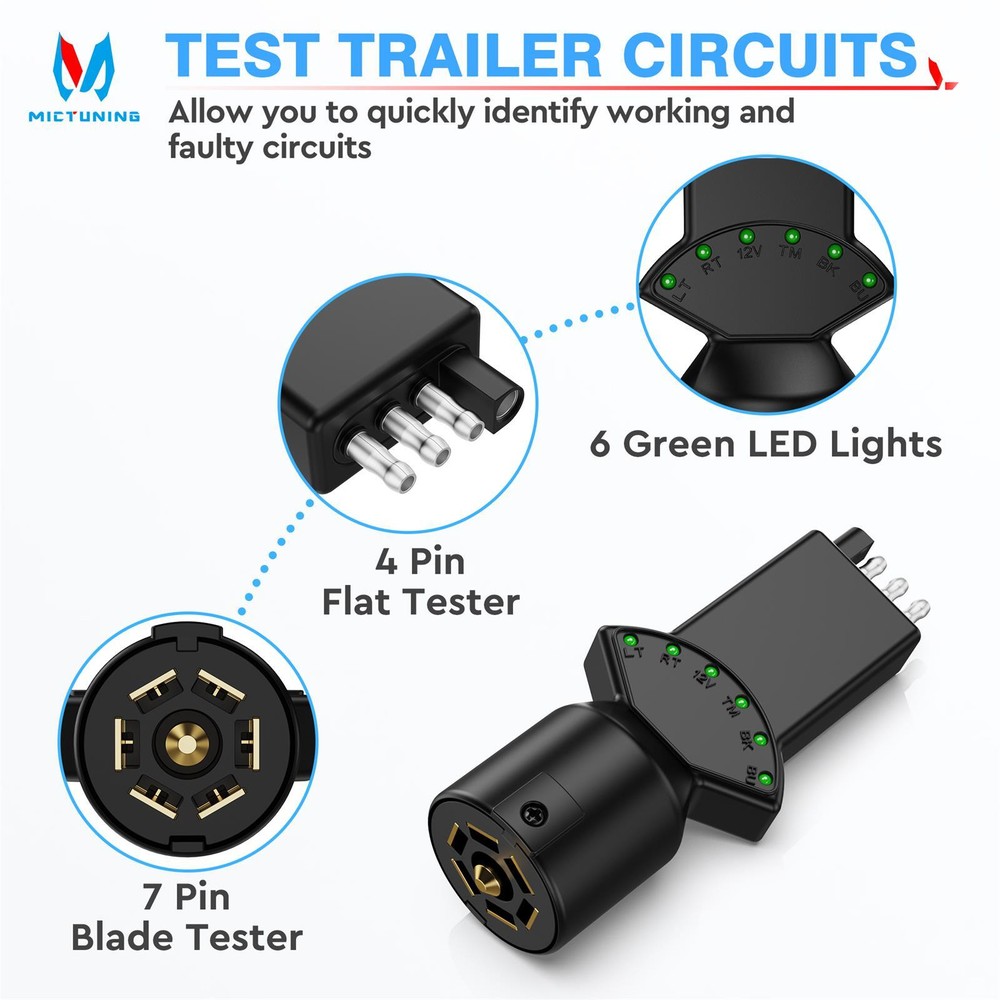 Multi-Function7 Way Blade&4 Pin Flat Trailer Light Circuit Tester LED Indicators