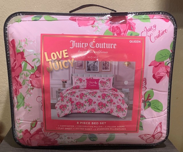 Juicy Couture Pink w/Roses & Butterflies QUEEN Set Comforter,Shams,Sheets,Pillow