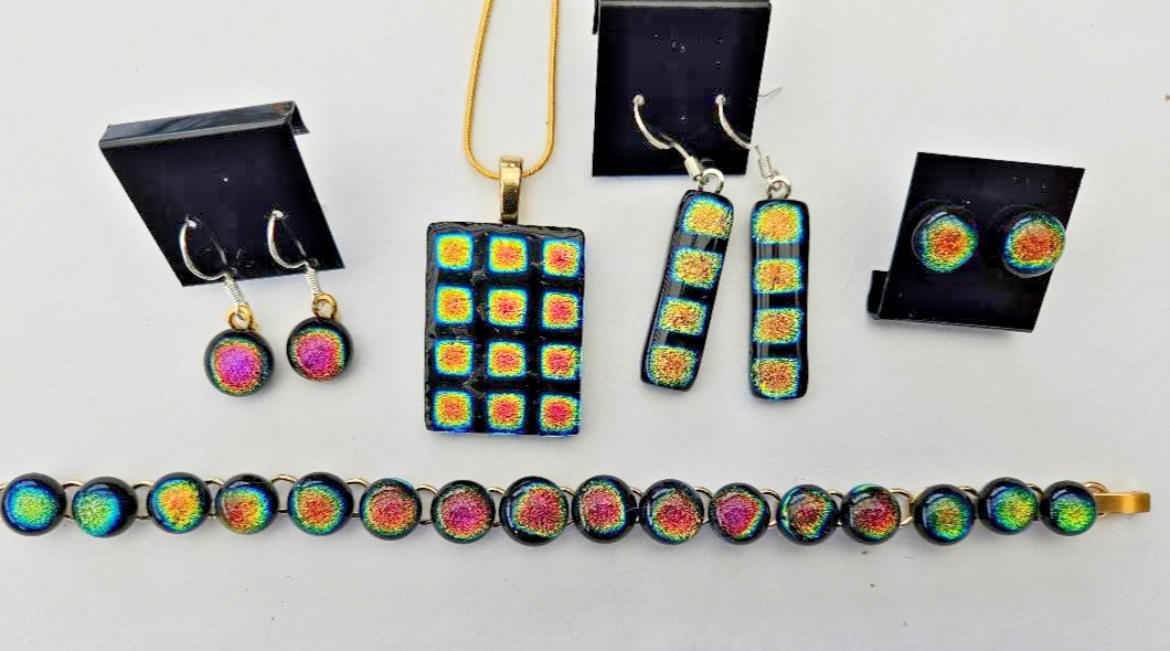 Handcrafted Multicolor Fused Dichroic Glass Pendant, Earrings X 3, Bracelet Set