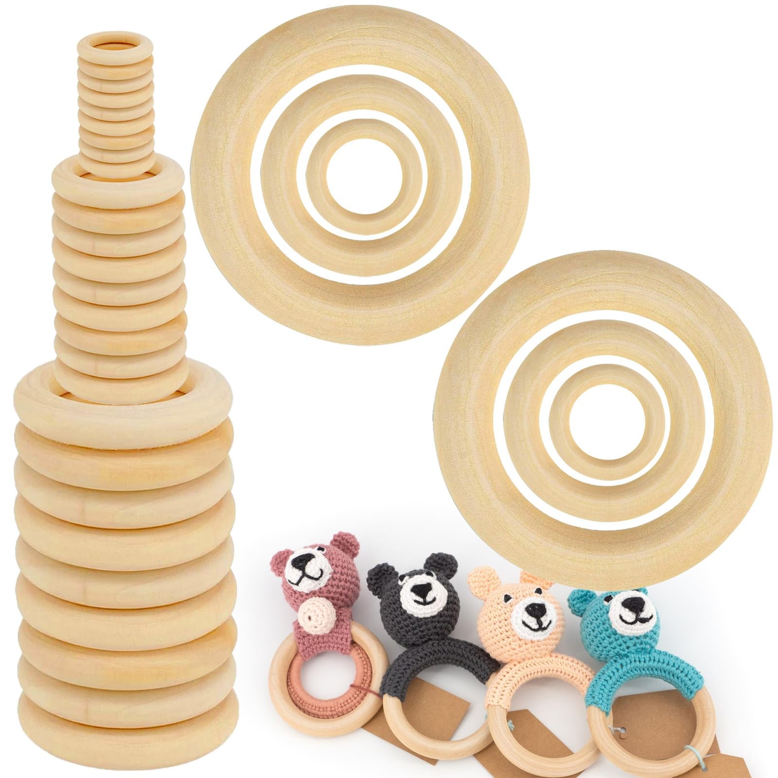 33pcs Wooden Rings for Crafts 3 Sizes Natural Wood Hoops for Macrame DIY Decor