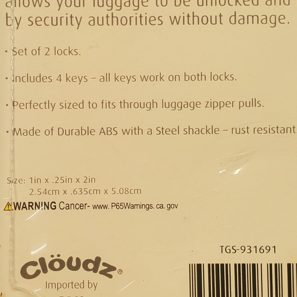 Cloudz TSA Lock Set - 2 Locks 4 Keys - Travel Sentry Approved