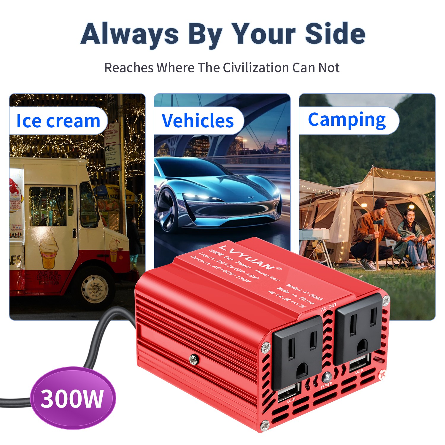 300W Power Inverter DC 12V to 120V AC Car Adapter with 2USB 2AC Red for Laptop