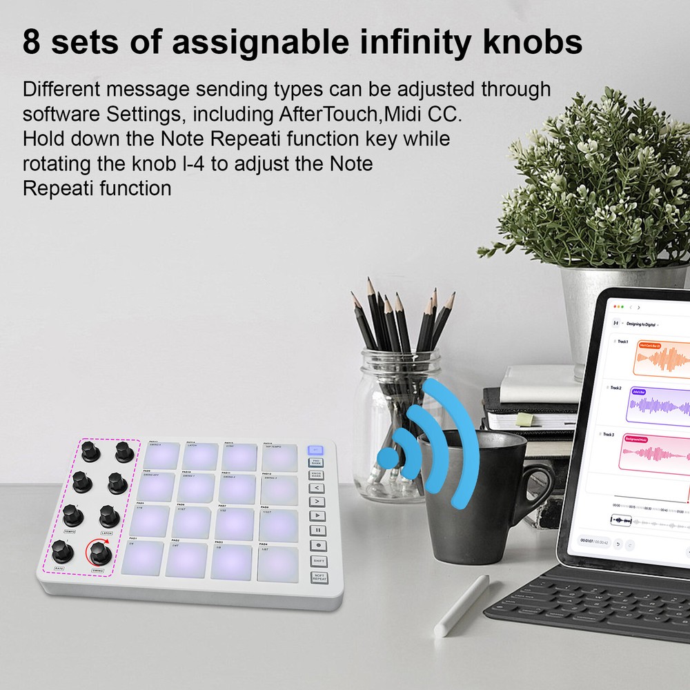 Mini MIDI Controller Pad 16 RGB Beat Pads 8 Assignable Knobs 3.5mm Output T7A8