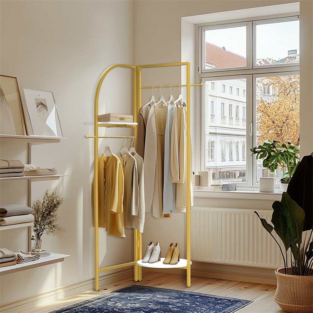 Corner Gold Metal Clothing Rack Freestanding Clothes Coat Rack 90-180° Unfolding