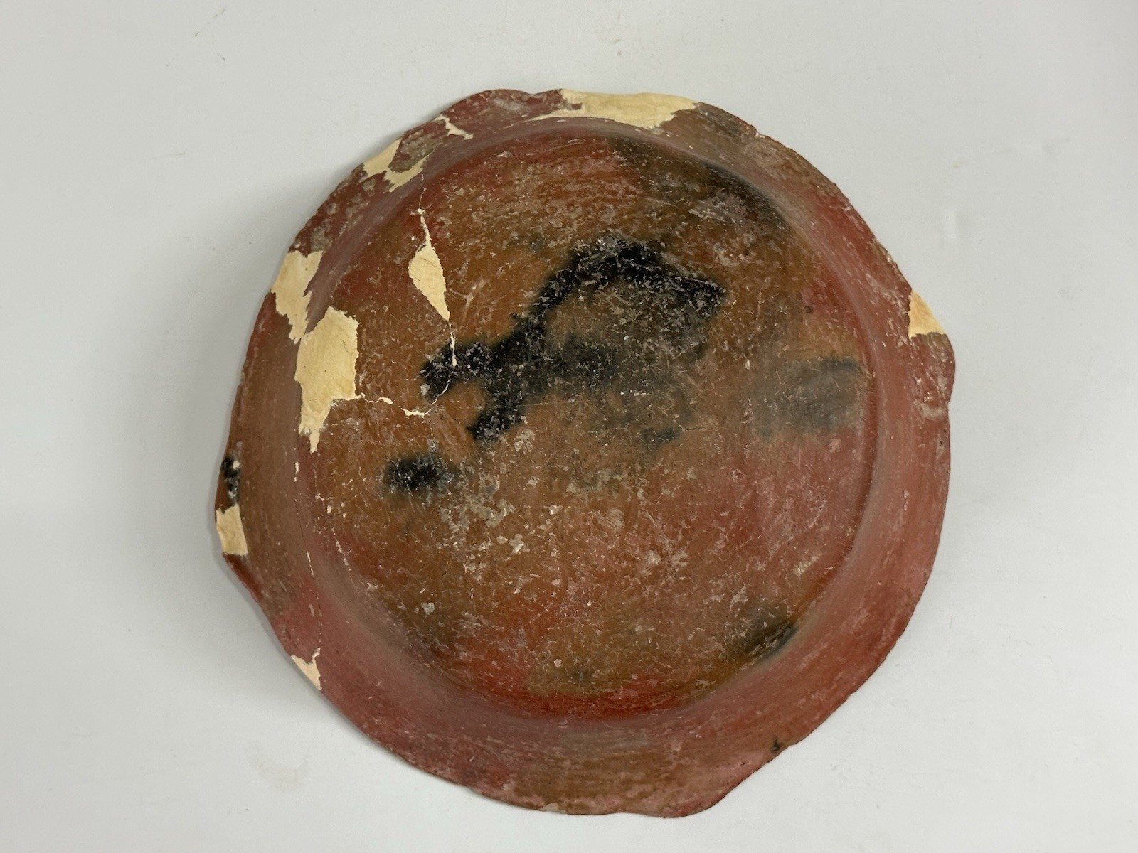 NICE 8 1/2" WIDE RED PAINTED 4 CORNER POTTERY BOWL, ARKANSAS INDIAN POT VESSEL