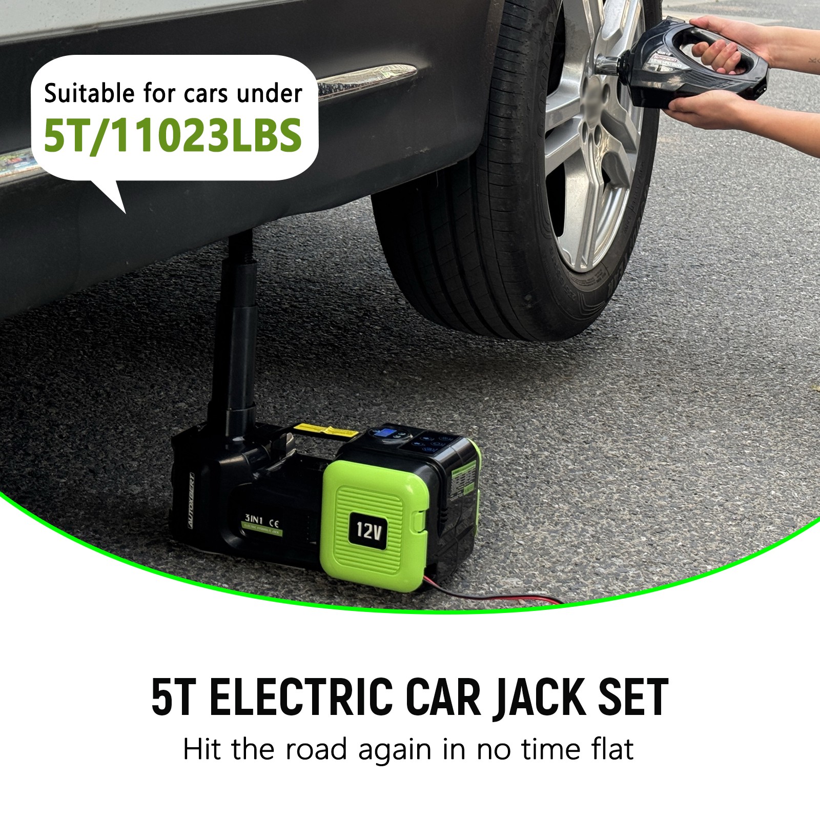 Electric Hydraulic Floor Jack 5 Ton 12V Impact Wrench Tire Inflator Pump Car Kit