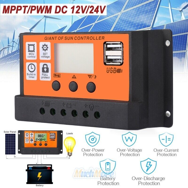 60A Solar Charge Controller Solar Panel Regulator 12V/24V Battery Adjustable LCD