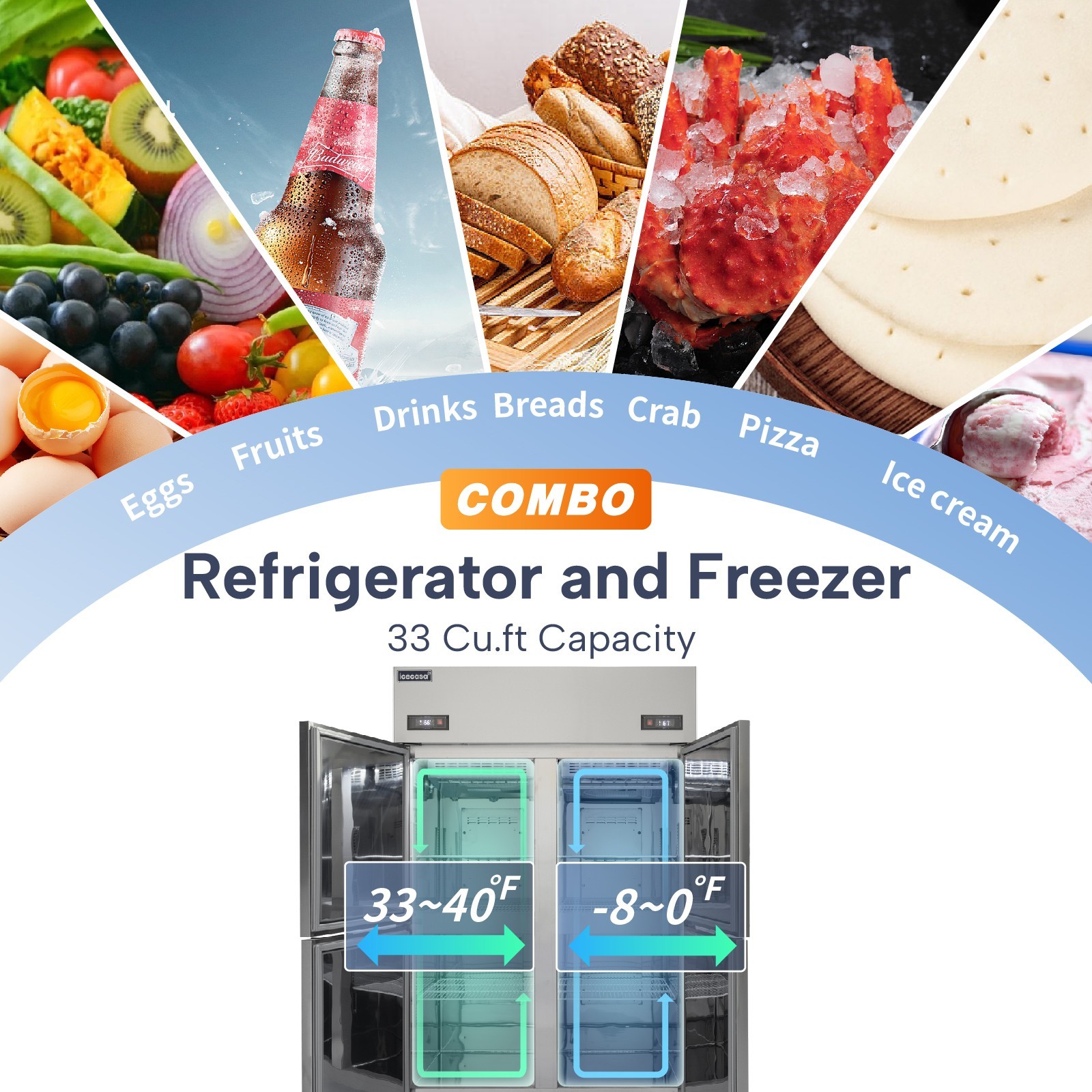 ICECASA 48" Commercial Refrigerator Freezer Combo Split Door 33 Cu.ft Stainless