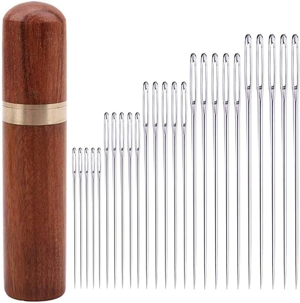 25Pieces Hand Sewing Big Eye Needles Sharp Needle，with Solid Wood Needle Case fo
