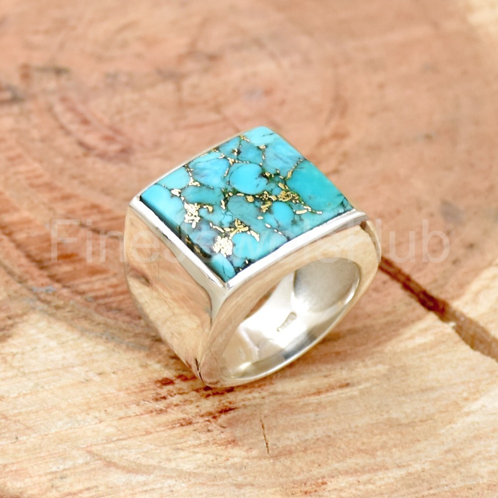 Copper Turquoise Ring, 925 Sterling Silver Ring, Handmade Men's Ring Boho Ring