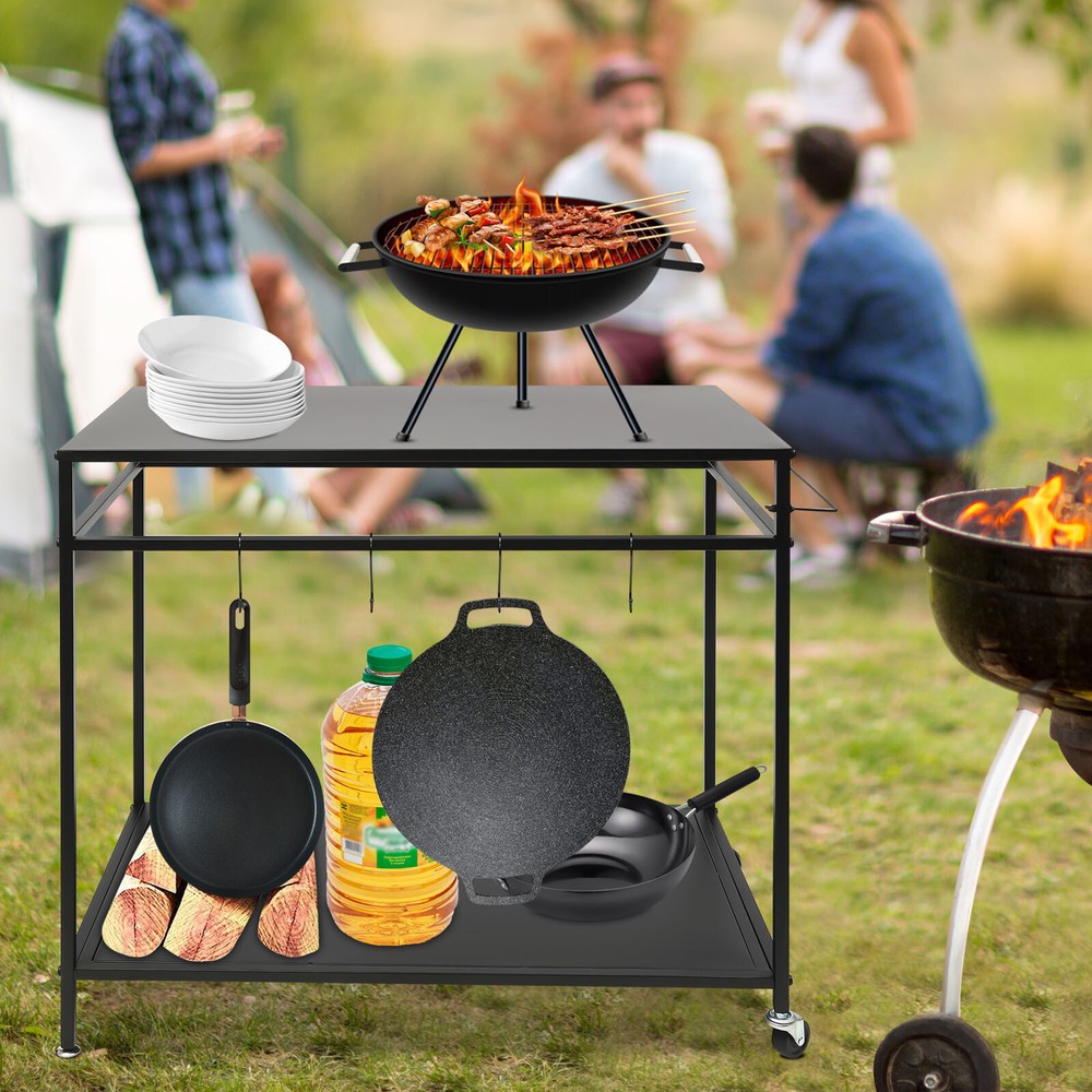 Kitchen BBQ Food Prep Work Cart Table Stand Mobile Storage Rack Grid Panel 2Tier