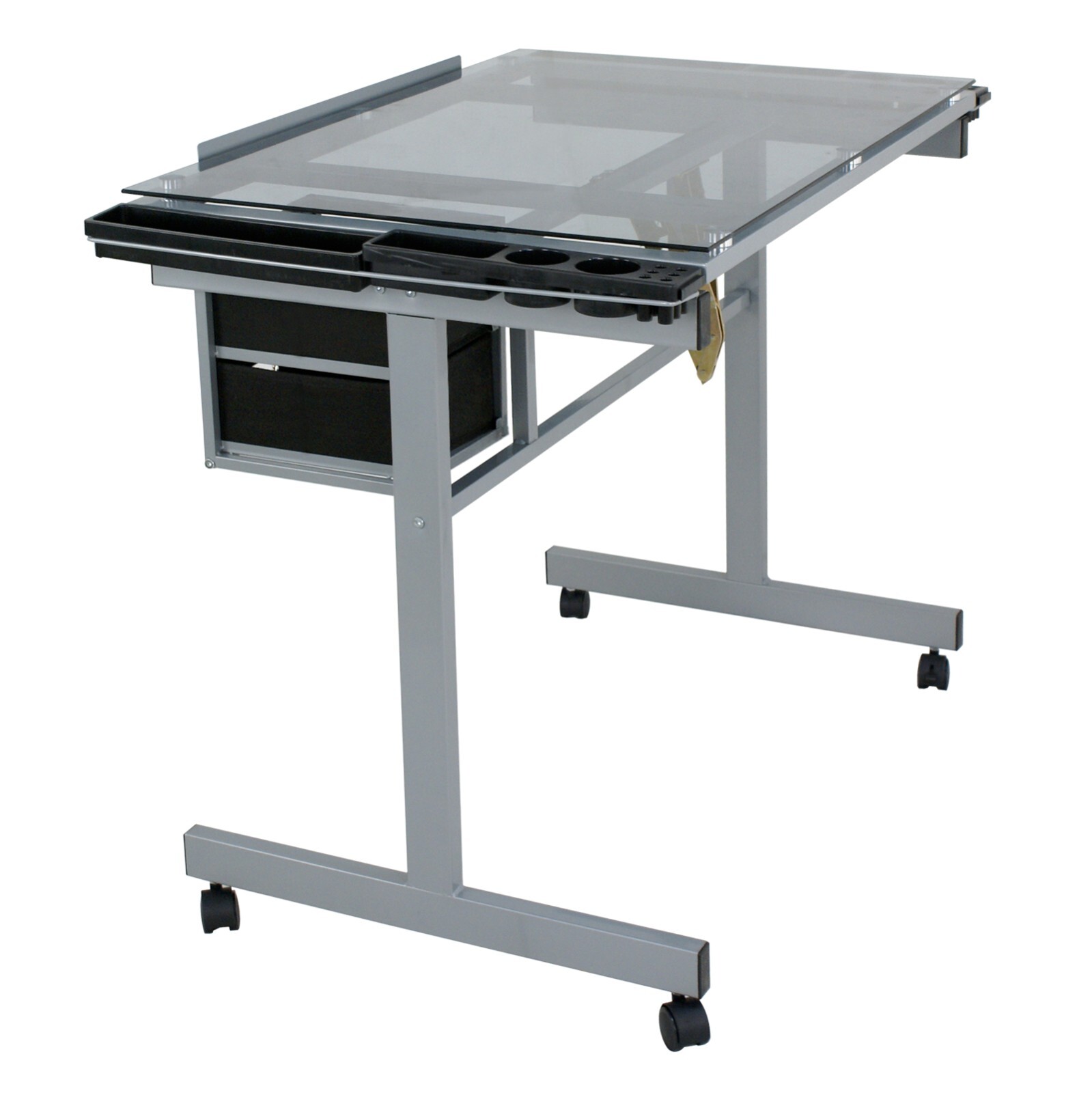 Drafting Table on Wheels Adjustable Glass Tabletop Drawing Desk w/Storage Drawer
