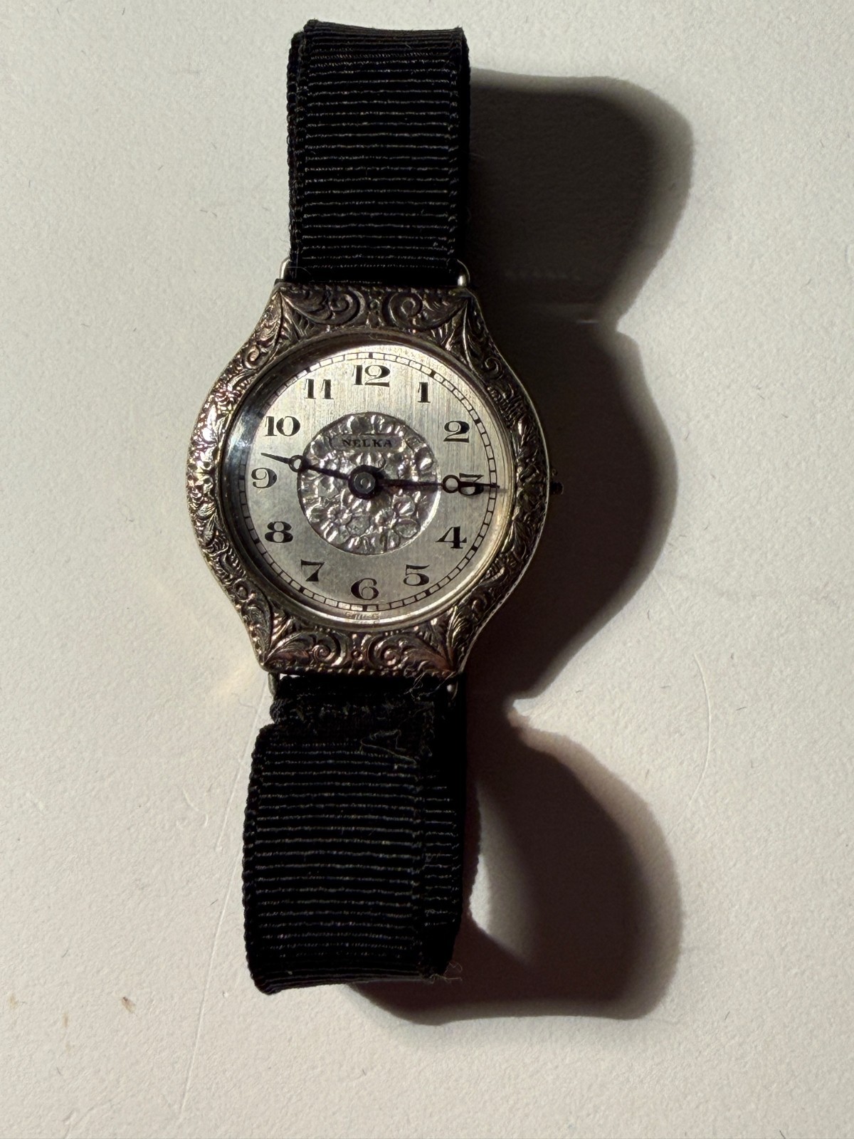 Original Art Deco Nelka Watch 1920's - Engraved Floral Pattern Face -White Gold