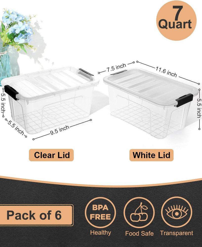 Plastic Storage Bins with Lids 6 Pack, 7 Quart Storage Containers with Black ...