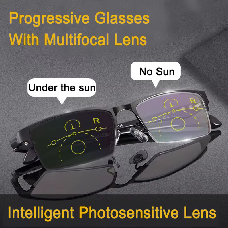 Titanium Transition Photochromic Progressive Reading Glasses Men Hyperopia Presb
