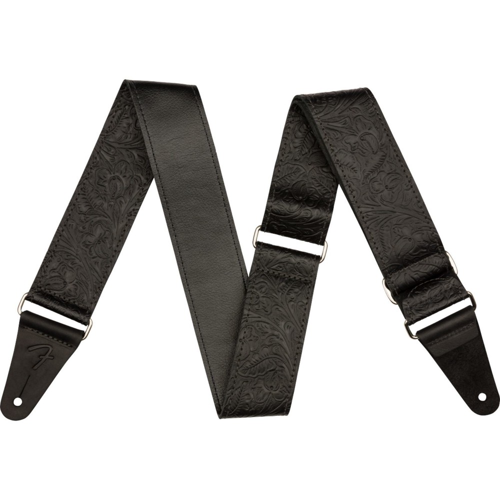 Fender 2" Tooled Leather Guitar Strap, Black with Embossed Floral Pattern
