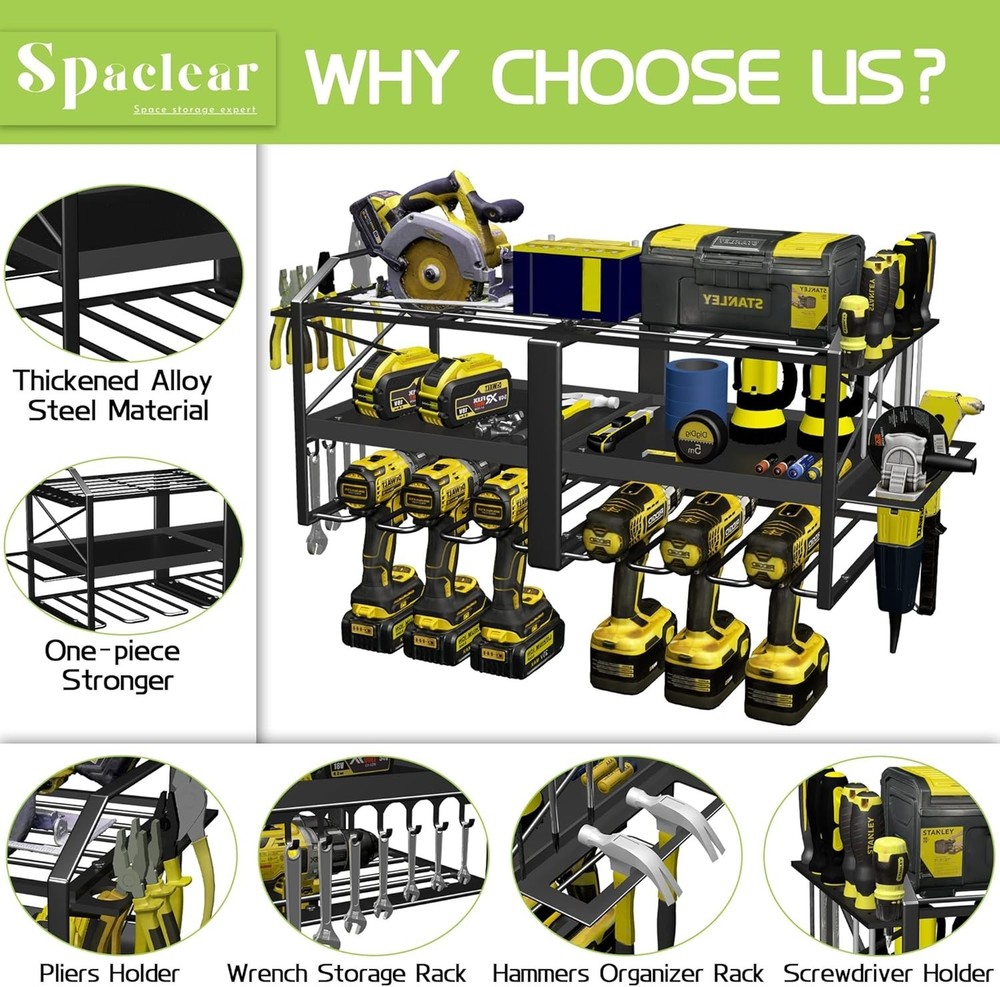 Spaclear Power Tool Organizer Wall Mounted Rack with 6 Drill Holders, 3 Layer