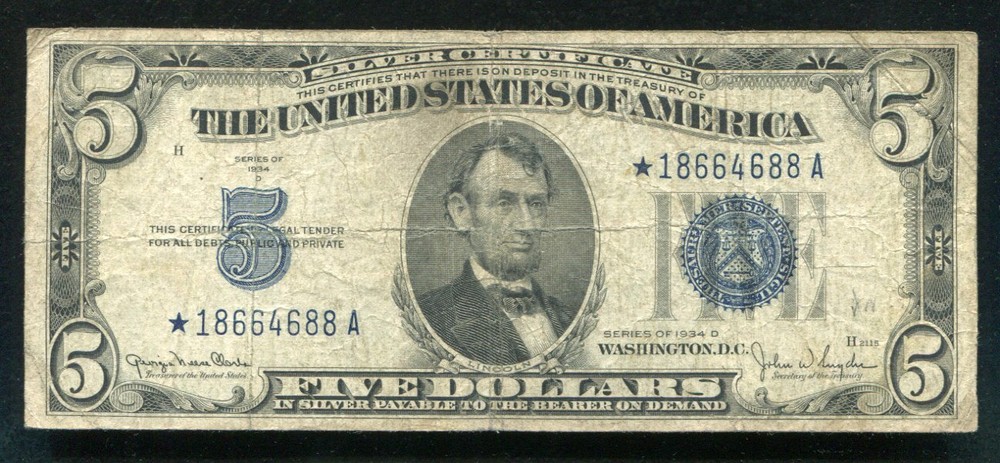 1934-D $5 FIVE DOLLARS *STAR* SILVER CERTIFICATE CURRENCY NOTE 