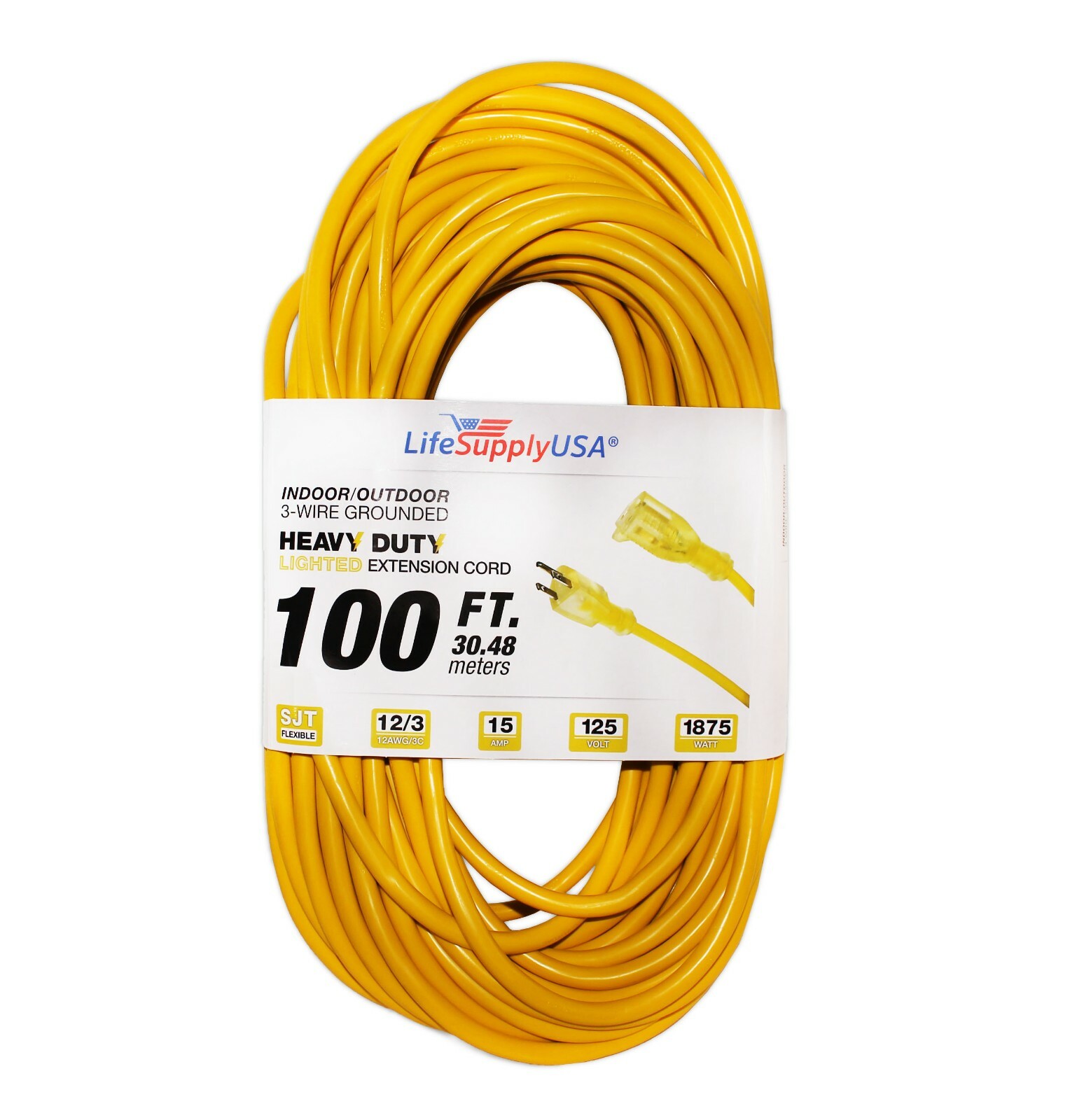 12/3 300V SJTW Lighted Extension Cord - 15 Amp - Sizes: 6 10 25 50 75 100 200 Ft