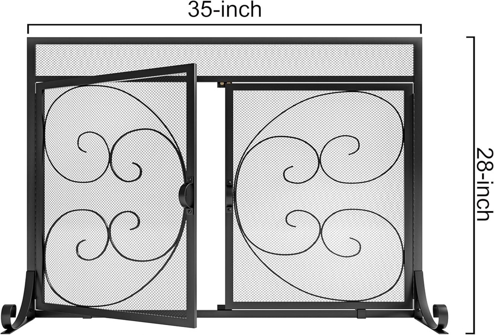 Flat Fireplace Screen Hinged Doors Handcrafted Wrought Iron Classical Scroll