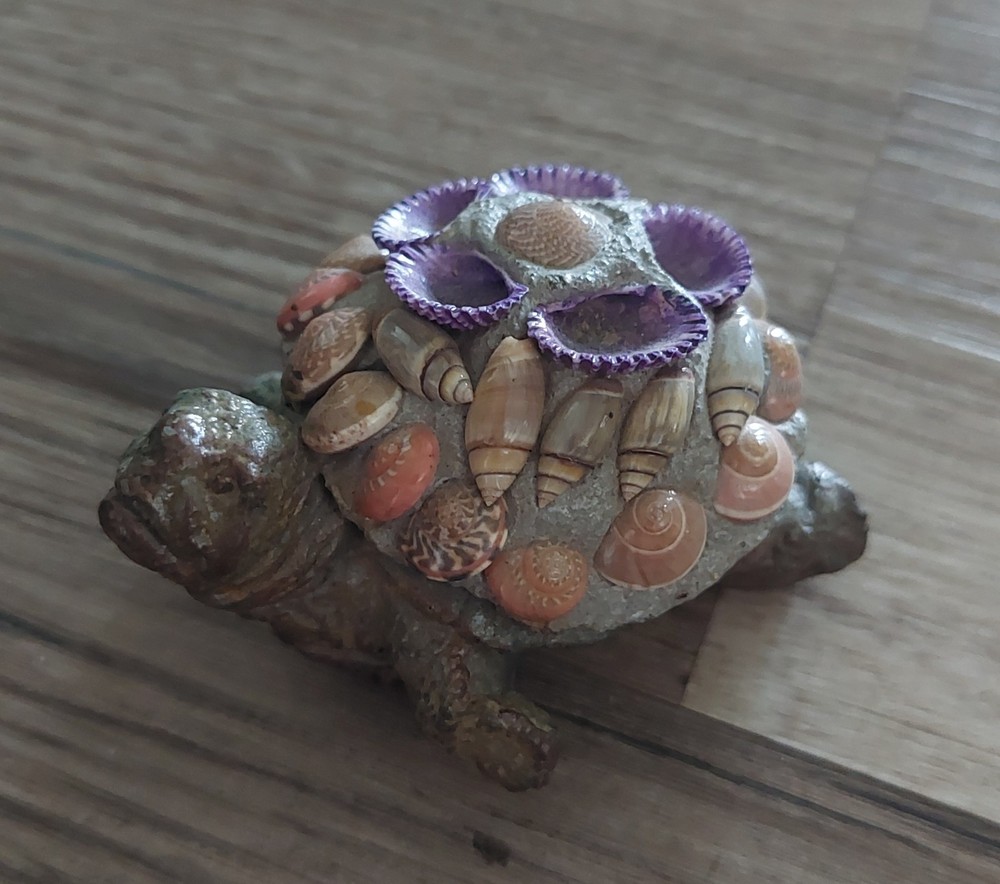 Vtg Handmade Stone Concrete Turtle Seashells Small Figurine 2"