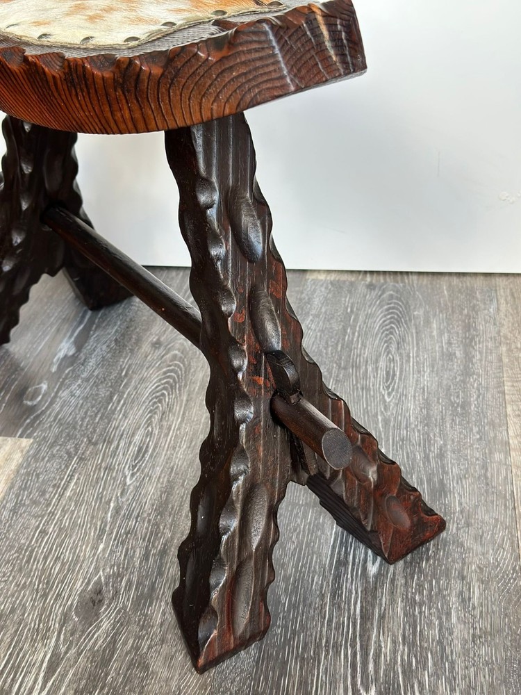 Vintage Spanish Hand-Carved Stool - Rustic Cowhide & Solid Wood