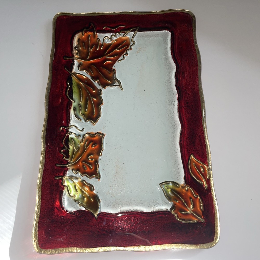 Fused Glass Tray Fall Leaf Pattern Rectangle Red & Brown Tones 12” x 8”
