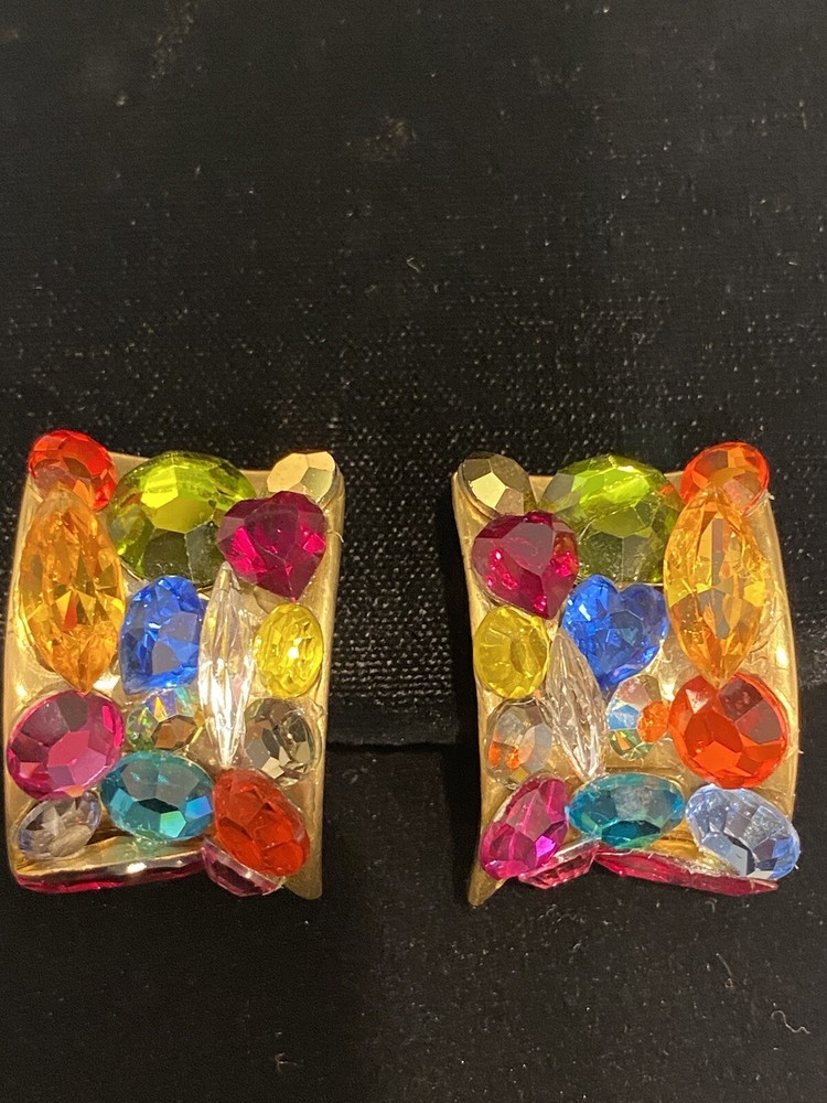 Handcrafted Rhinestone Multicolored Clip On Earrings