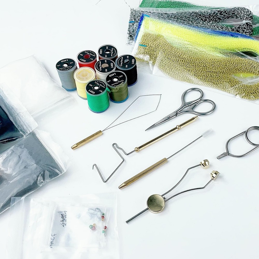 Fly Tying Kit Material Tools Kit Bobbin Fly Hooks Scissors Fly Beads Threader...