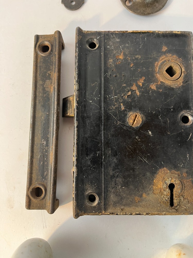 Vintage Mortise Lock Skeleton Key Catch Porcelain Knobs Spindle Escutcheon