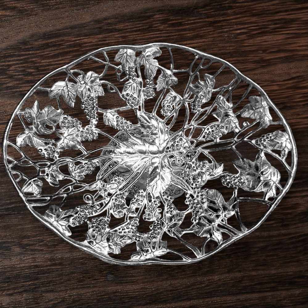 Silver-plated footed centerpiece with intricate grape and vine design