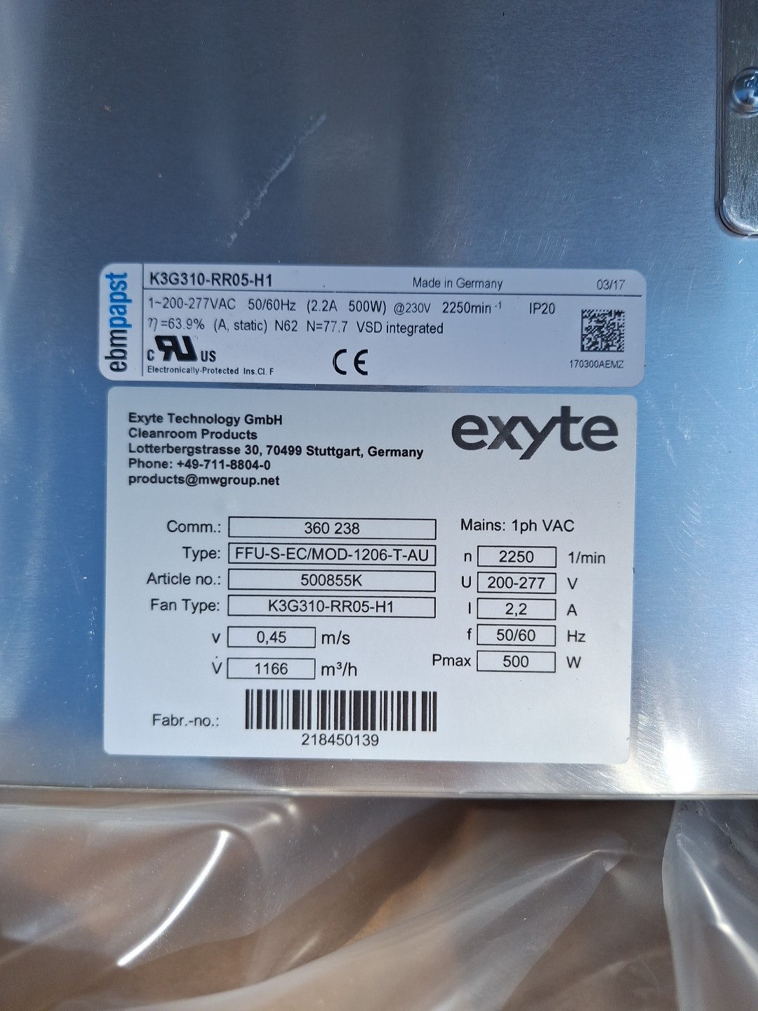 Exyte Technologies 4x2 Hepa Fan Filter Unit FFU-S-EC/MOD-1206-T-AU 686 CFM - NEW