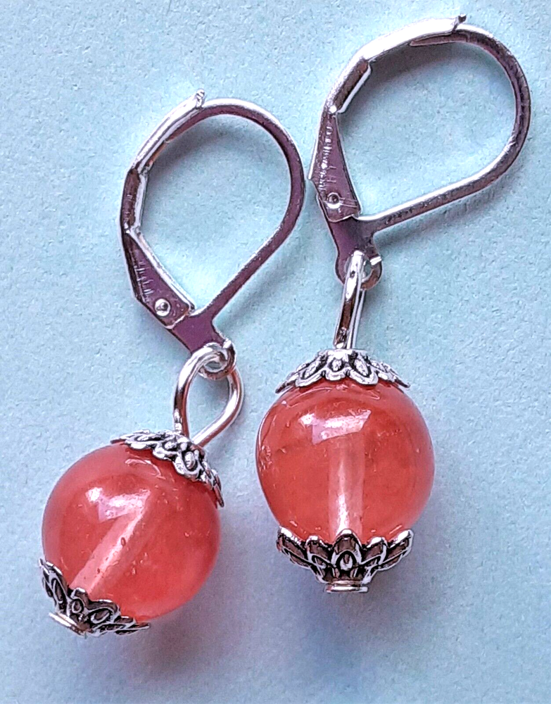 CHERRY QUARTZ round simple drop earring SP LEVERBACK HANDCRAFTED WPC18