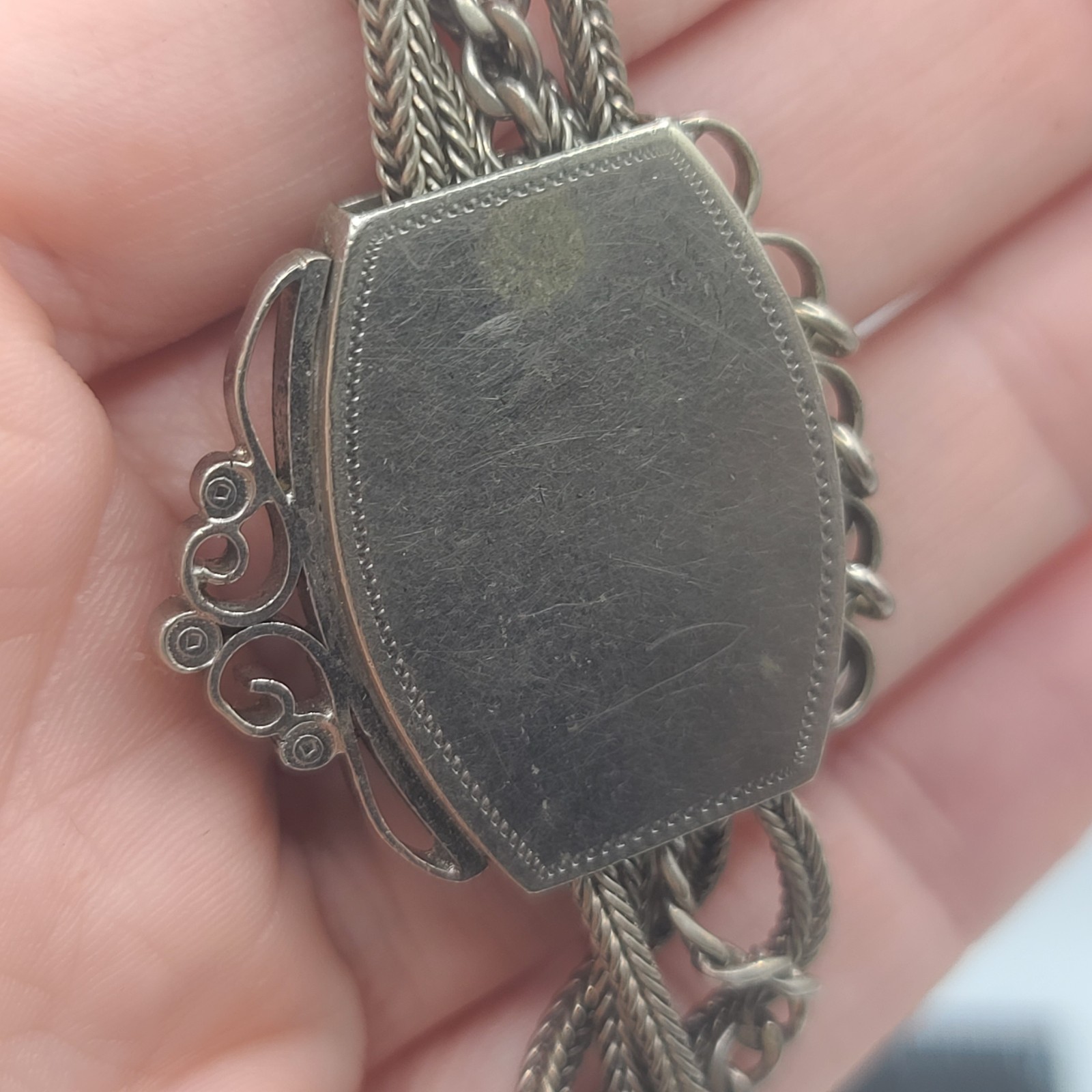 Vintage Slider Watch Chain Fob Gold Stone Fringe Silver Tone HEAVY NICE