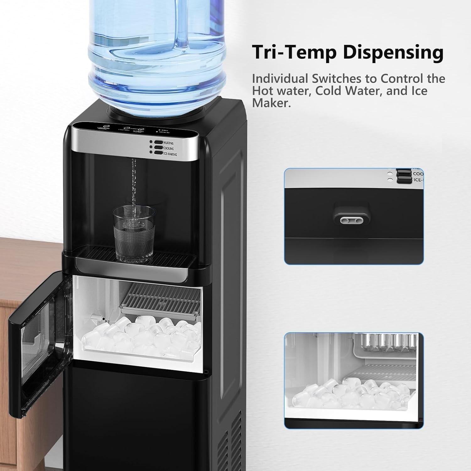 Water Dispenser with Ice Maker Function, Top Loading Hot and Cold Water Cooler