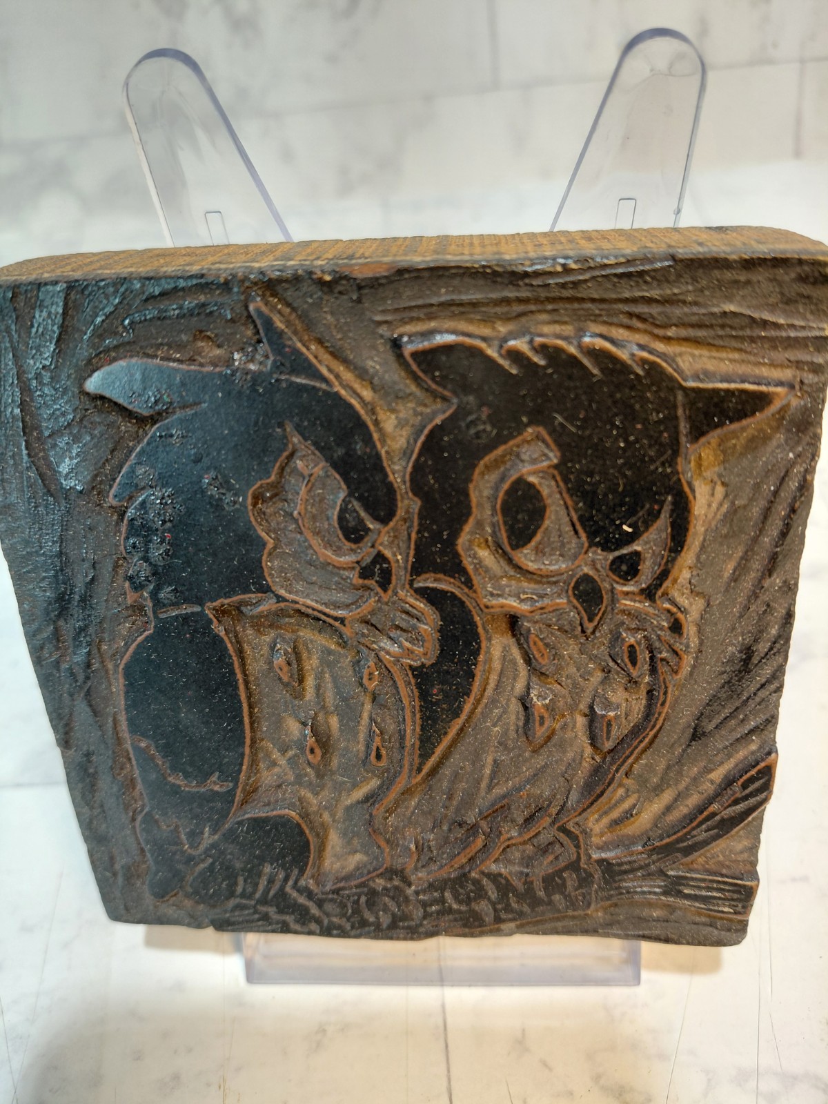 Vintage Wood Printing Block Owls Birds Carved Stamp Letterpress Art Decor 3.5"