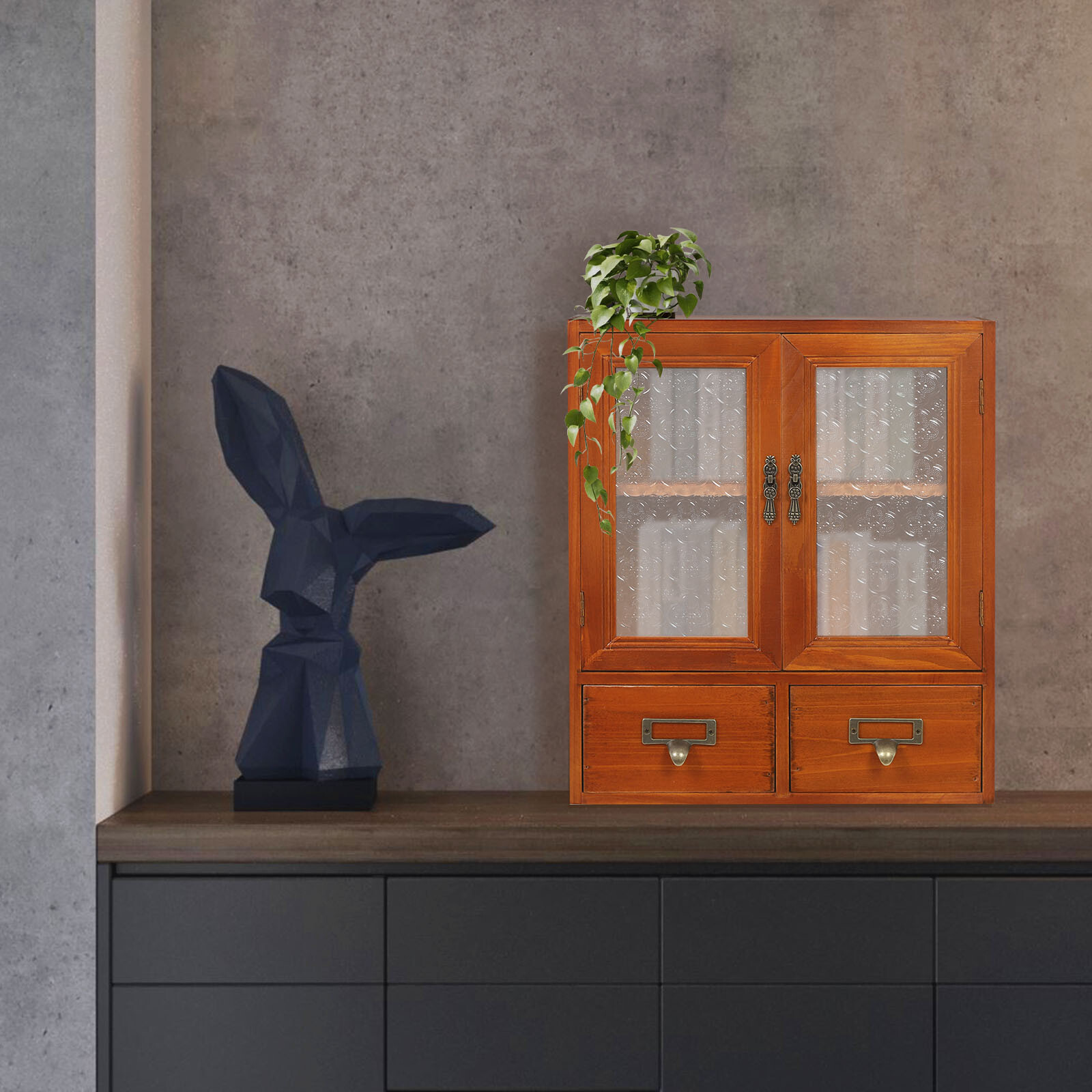 Wood Storage Cabinet, 2-tier Storage Cabinet with 2 drawers, Double Door Storage