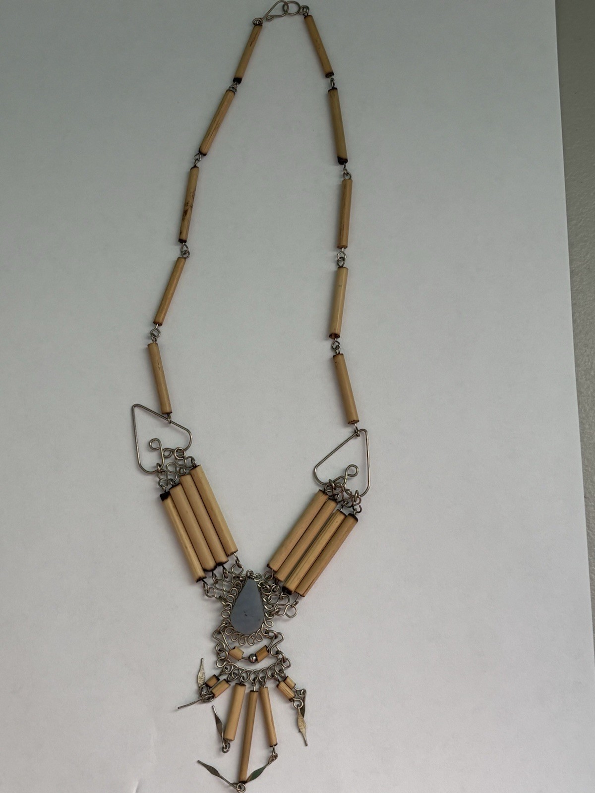 Blue Semi-Precious Stone Bamboo Silver Necklace 18"