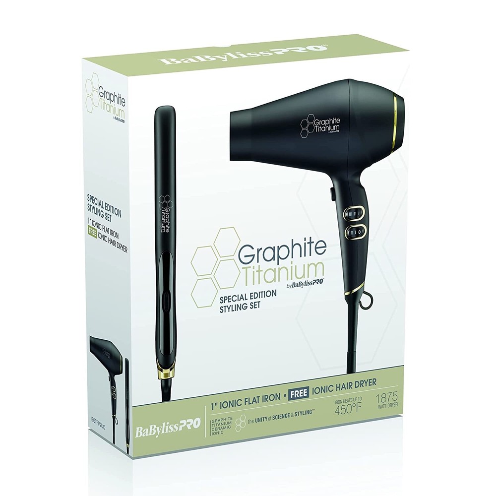 BabylissPRO Graphite Titanium Dryer & Graphite Titanium Flat Iron 1" Prepack, 1