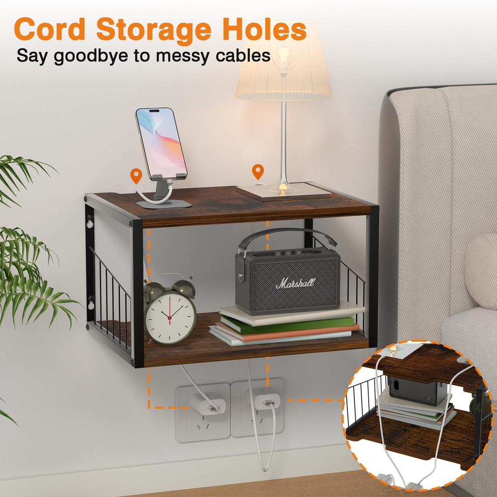 Floating Nightstand, Wood Floating Bedside Table with Cable Hole, Wall Mounte...