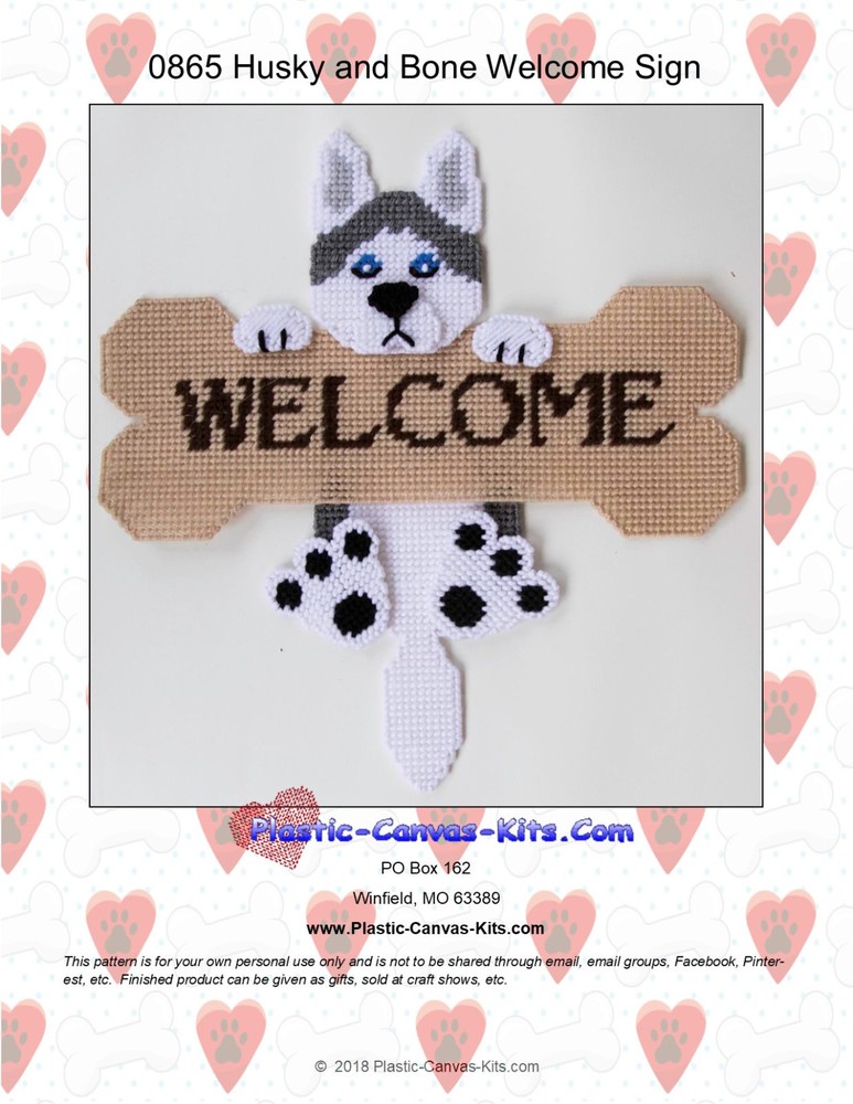 Husky Dog and Bone Welcome Sign- Plastic Canvas Pattern or Kit