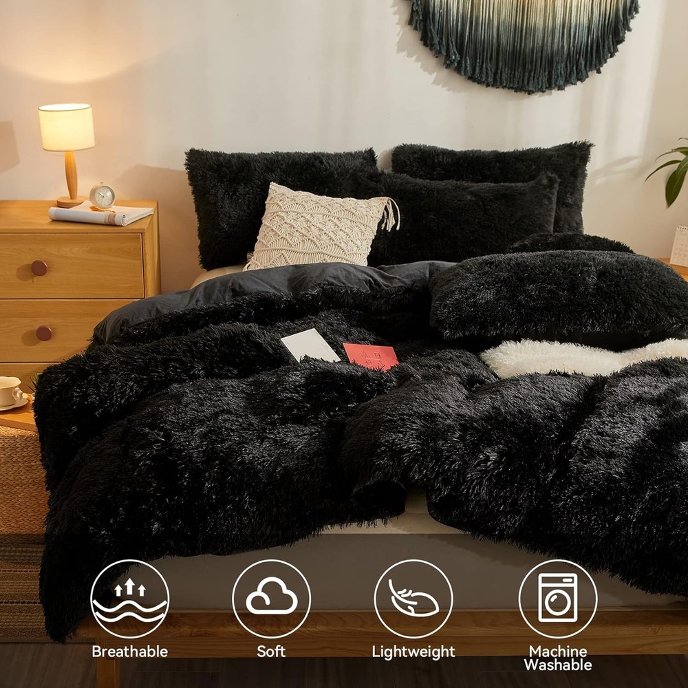 Faux Fur Black Comforter Set Queen，Down Alternative Queen,