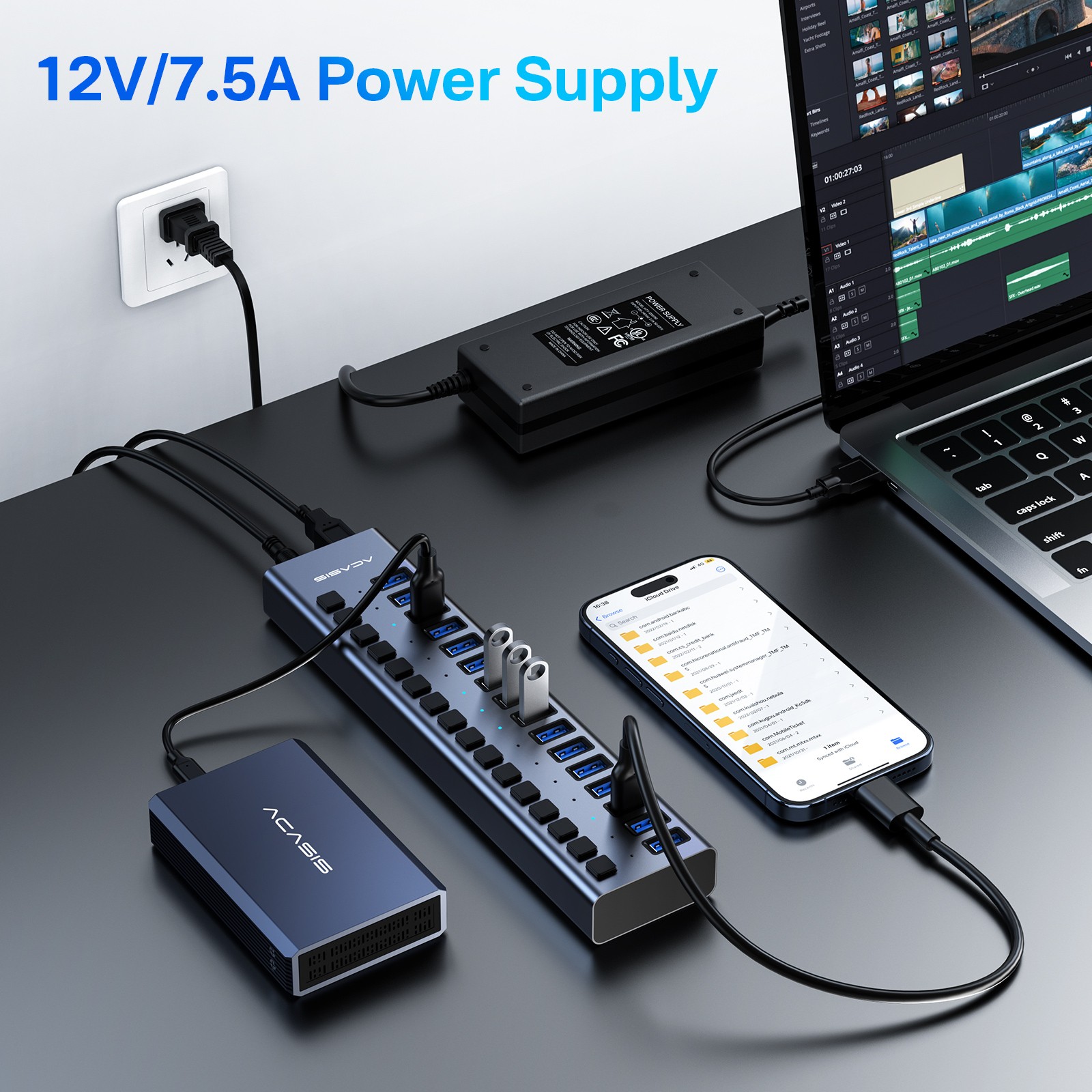 Acasis USB 3.1 Hub 10Gbps 16 Port On/Off Switch with AC Power Adapter for Laptop