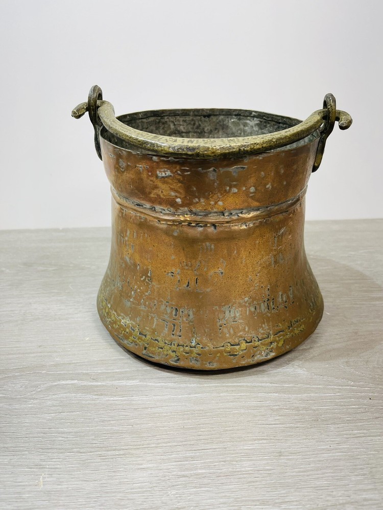 Antique Primitive Copper Brass Cauldron Hammered Pot 9” Diameter