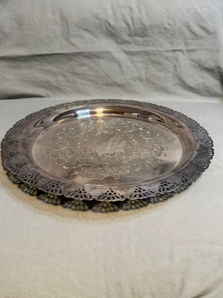 Vintage Silverplate Serving Tray Pierced Rim Etched Floral 15” Oval