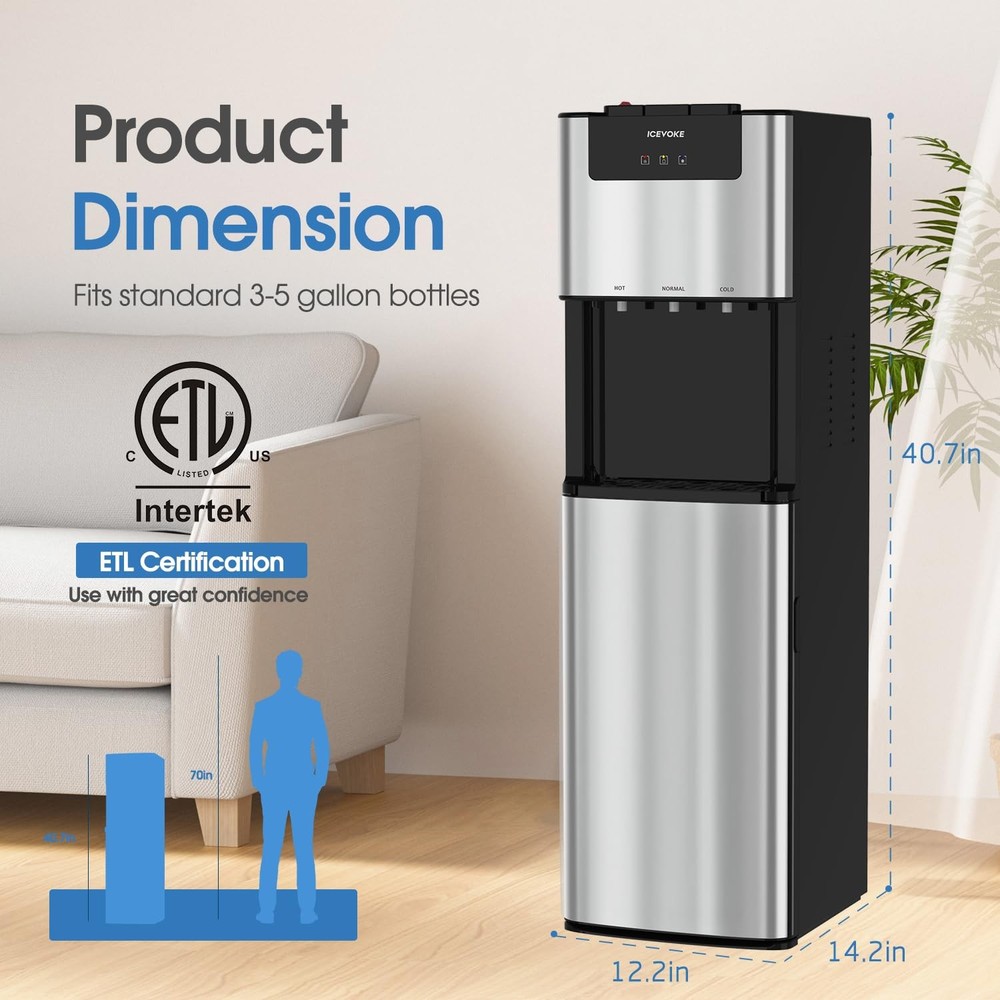 Self-Cleaning Bottom Loading Water Cooler Dispenser, 3 Temperature Settings -...
