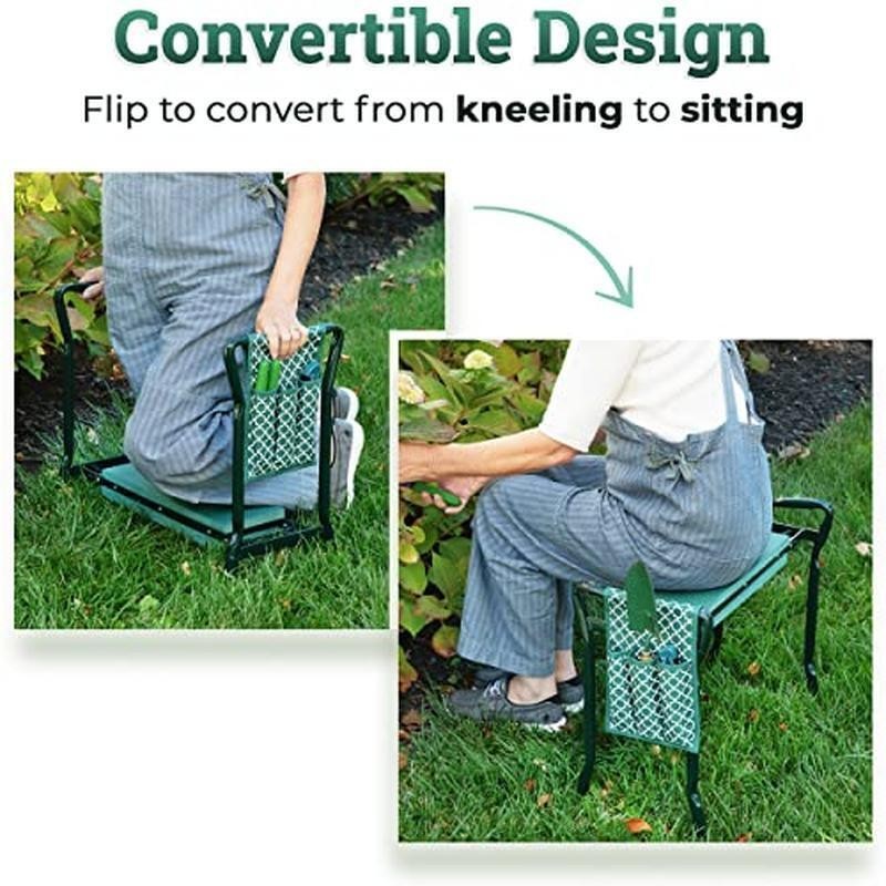 Folding Garden Stool Metal Frame Rectangular Cushion W/ Side Tool Pouch & Gloves